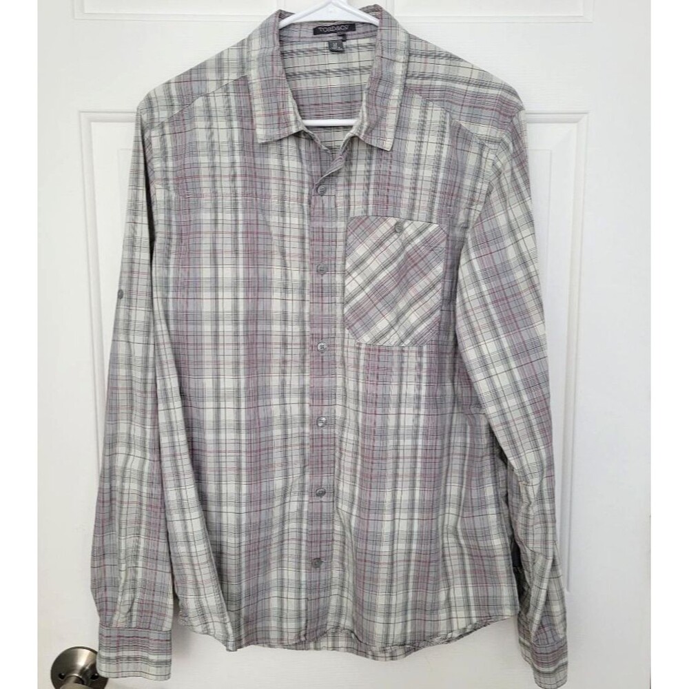Toad & Co Mens M Surveyor Button Front Shirt Plaid Nylon Tencel Hiking Camping